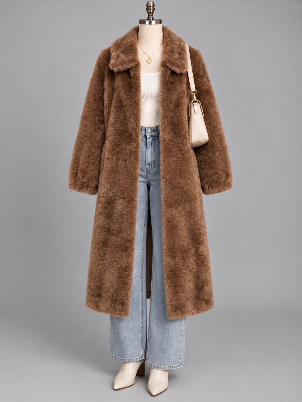 Crest Brown Faux Fur Mid-Length Coat